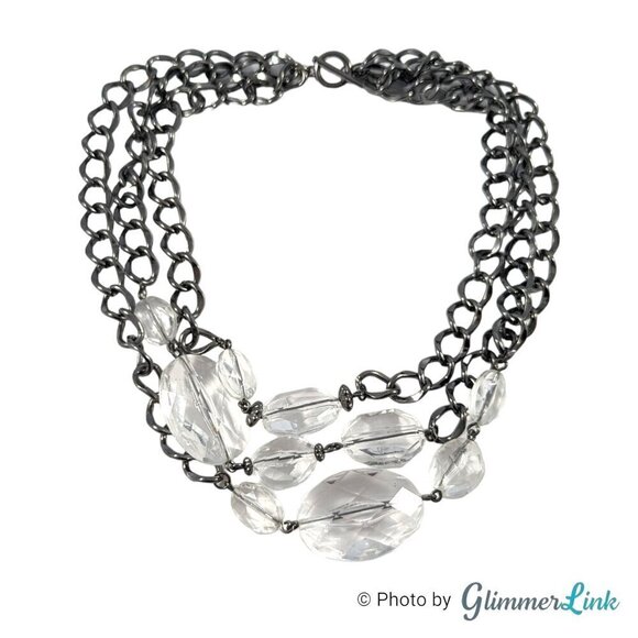 Triple Strand Chunky Acrylic Faceted Beads Black Tone Curb Chain Toggle Necklace - Picture 4 of 10